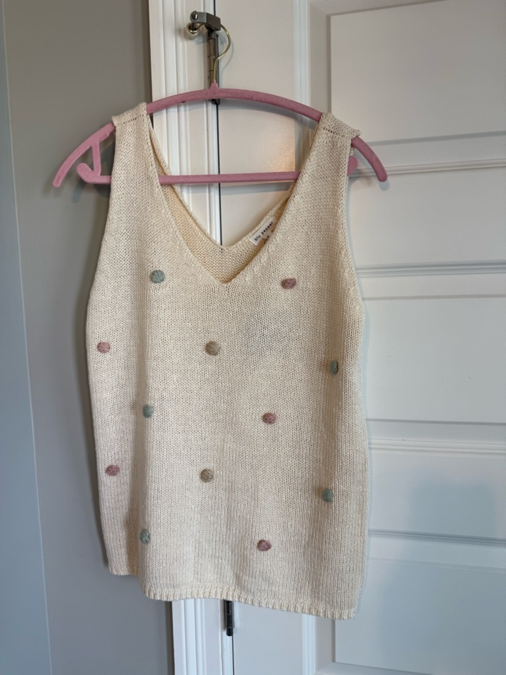 Blu Pepper Cream Knit V-Neck Tank with Pastel Dots